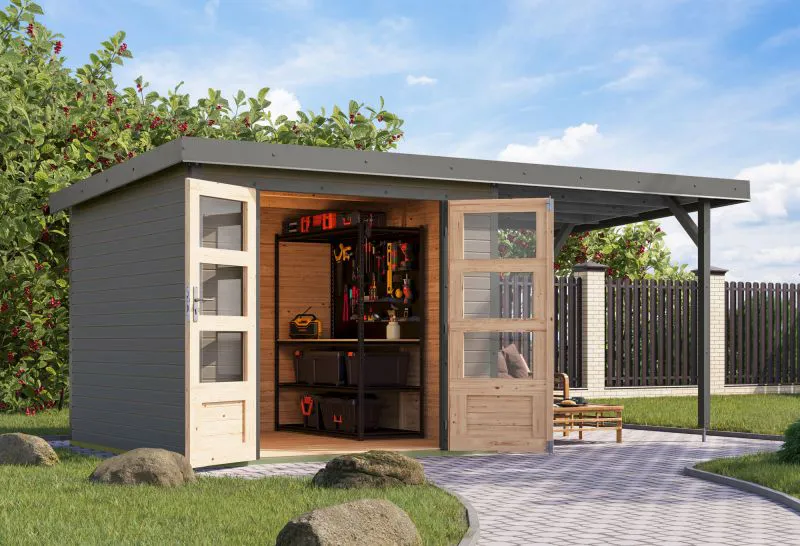 Gartenhaus mit Anbaudach in wassergrau/graualuminium – langlebig & wetterfest dank Metallprofilen & Trapezblech – modernes Hybrid-Design, 2,38x2,42 m