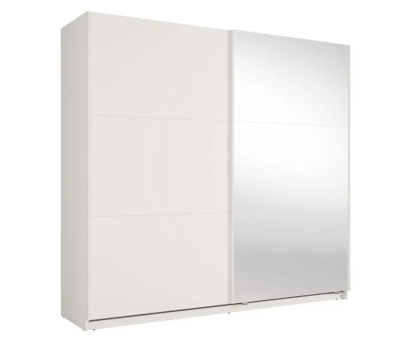 Schiebetürenschrank mit Spiegel | 221 x 60 x 207 cm | 1 Kleiderstange | inkl. Beleuchtung | 6 Fächer | Weiß | Metallgriffe | Soft-Close-System | Igoumenitsa 02