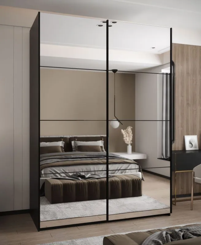 Kleiderschrank / Schiebetürenschrank | Spiegel | 245,5 x 170 x 64 cm | 11 Fächer | Farbe: Schwarz | 2 Schiebetüren | Soft-Close | 2 Kleiderstangen