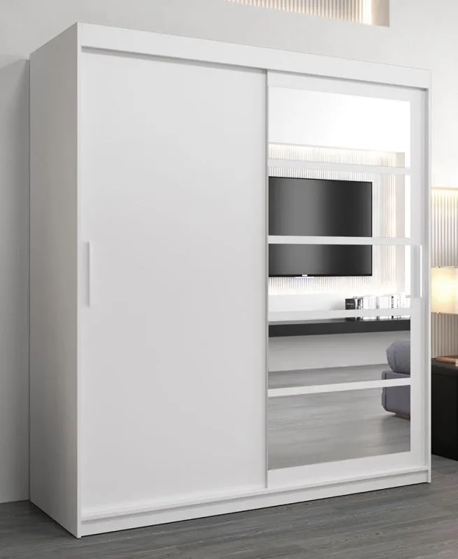 Schiebetürenschrank / Kleiderschrank Aizkorri 04A mit Spiegel, Farbe: Weiß matt - Abmessungen: 200 x 180 x 62 cm (H x B x T)