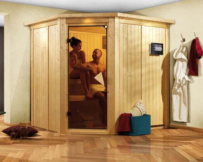 Sauna "Askjell" SET AKTION mit Klarglastür und Kranz - Farbe: Natur, Ofen externe Steuerung easy 3,6 kW - 210 x 184 x 202 cm (B x T x H)