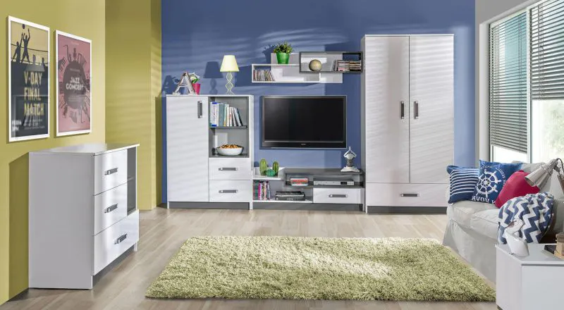 Kinderzimmer - Kleiderschrank, Farbe: Weiß / Grau - 189 x 120 x 60 cm (H x B x T) Abbildung