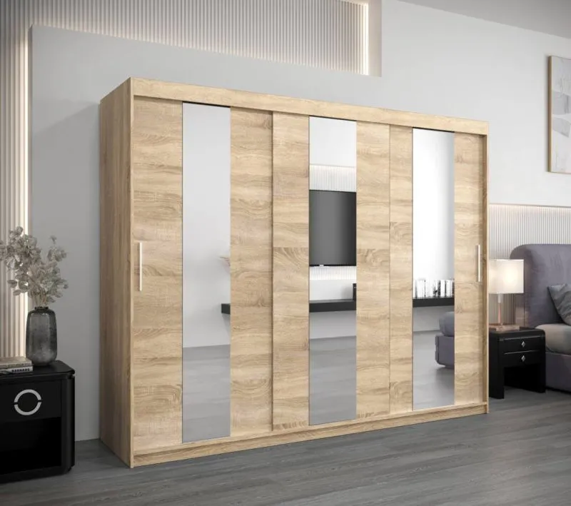 250 cm breiter Kleiderschrank mit 3 Türen | 10 Fächer | Farbe: Sonoma Eiche Abbildung