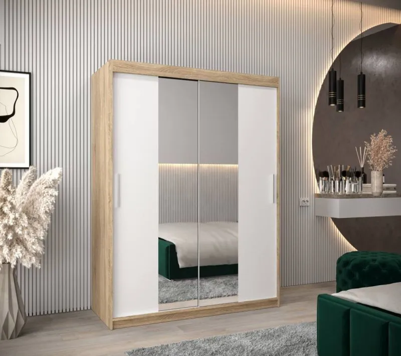 150 cm breiter Kleiderschrank mit 5 Fächern und 2 Türen | Farbe: Sonoma Eiche / Weiß Abbildung