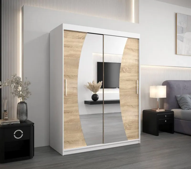 150 cm breiter Kleiderschrank mit 2 Türen | 5 Fächer | Farbe: Sonoma Eiche / Weiß Abbildung