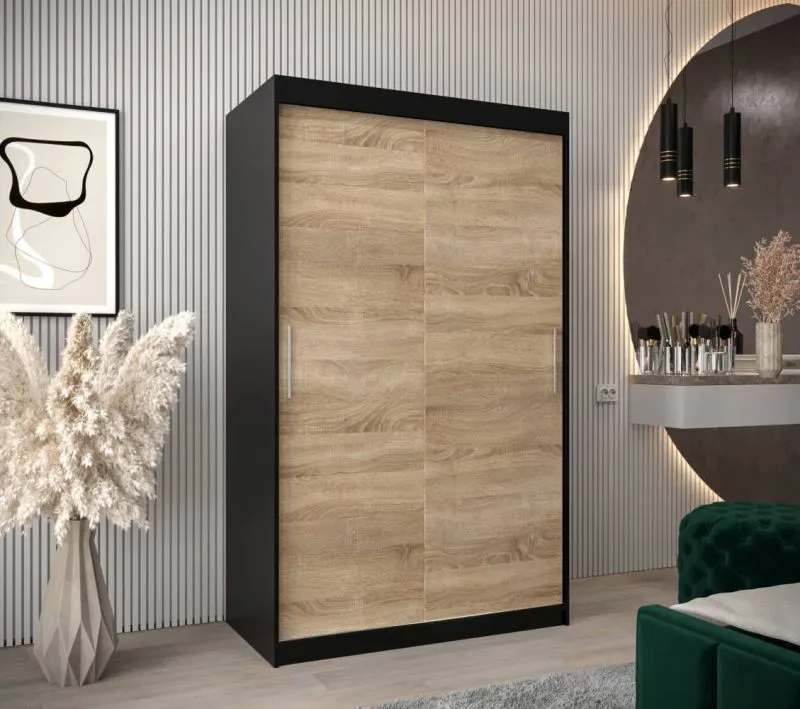 120 cm breiter Kleiderschrank mit 5 Fächern und 2 Türen | Farbe: Schwarz Abbildung