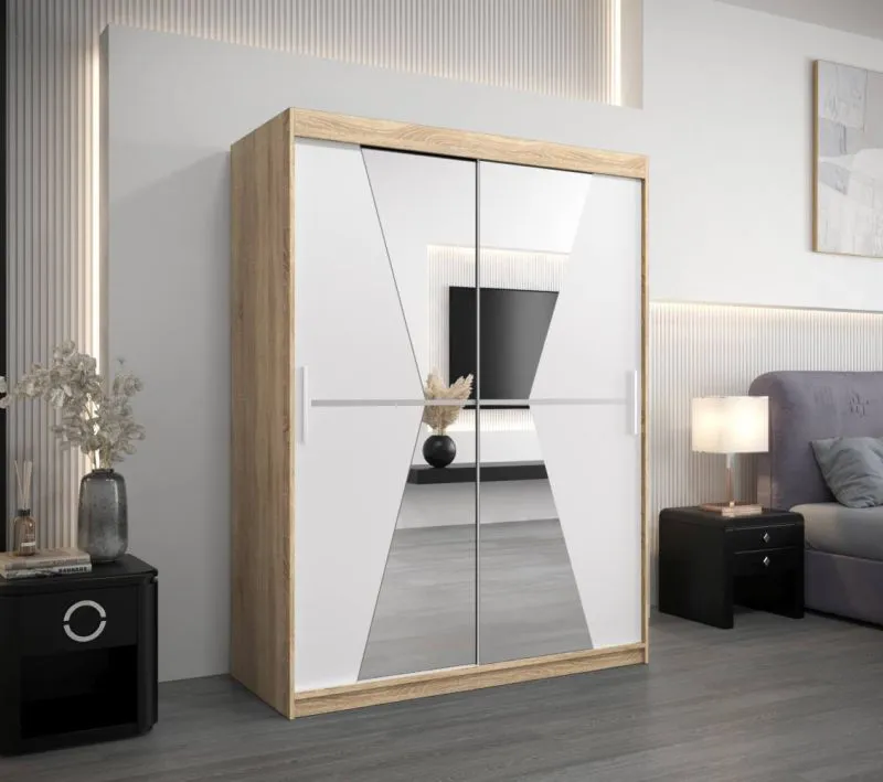 150 cm breiter Kleiderschrank mit 5 Fächern und 2 Türen | Farbe: Sonoma Eiche / Weiß Abbildung