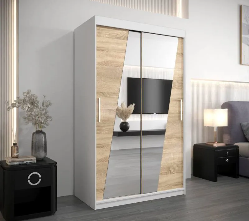 120 cm breiter Kleiderschrank mit 2 Türen | 5 Fächer | Farbe: Sonoma Eiche / Weiß Abbildung