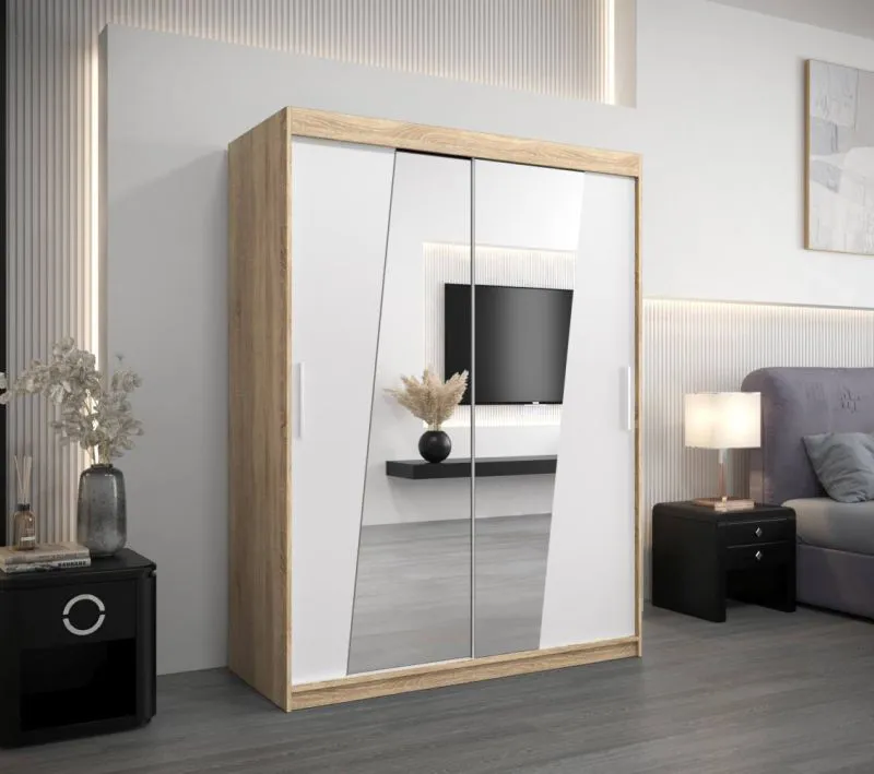 150 cm breiter Kleiderschrank mit 2 Türen | 5 Fächer | Farbe: Sonoma Eiche / Weiß Abbildung