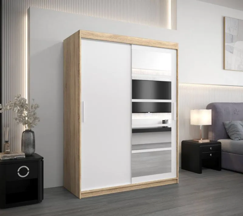 150 cm breiter Kleiderschrank mit 5 Fächern und 2 Türen | Farbe: Sonoma Eiche / Weiß Abbildung