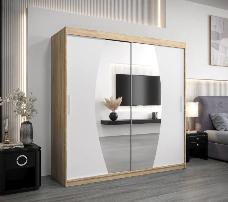 2 Meter breiter Kleiderschrank mit 2 Türen | Farbe: Sonoma Eiche / Weiß Abbildung