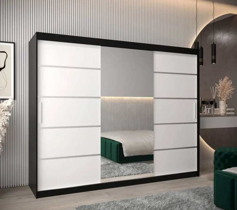 Großer 250 cm breiter Kleiderschrank mit 10 Fächern und 3 Türen | Farbe: Weiß / Schwarz Abbildung