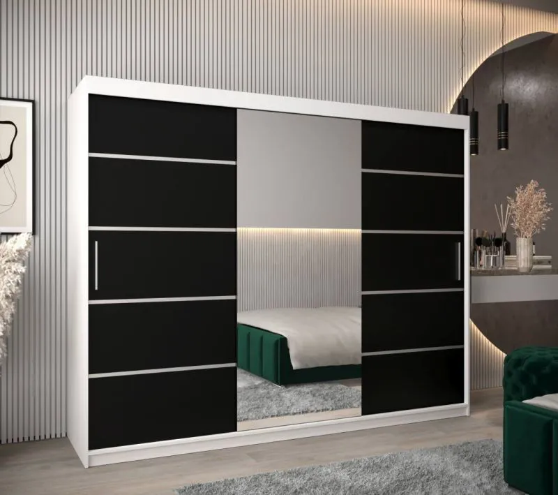 Großer 250 cm breiter Kleiderschrank mit 10 Fächern und 3 Türen | Farbe: Weiß / Schwarz Abbildung