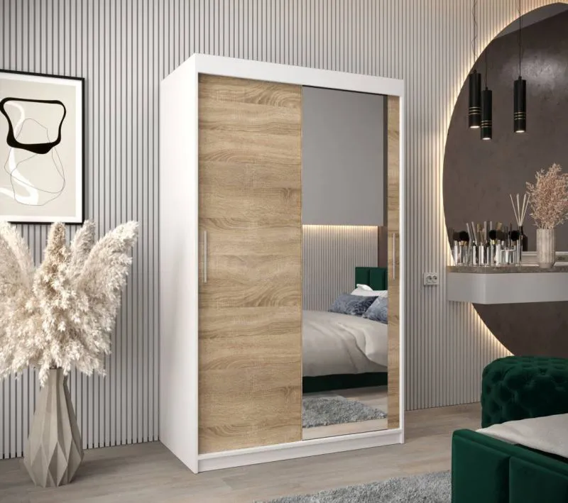 120 cm breiter Schiebetürenschrank mit 2 Türen | 5 Fächer | 2 Kleiderstangen | Farbe: Sonoma Eiche / Weiß Abbildung