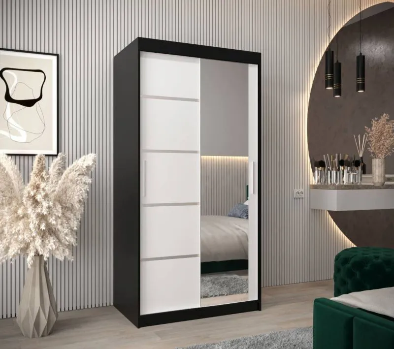 1 Meter breiter Kleiderschrank mit 2 Türen | Farbe: Weiß / Schwarz Abbildung