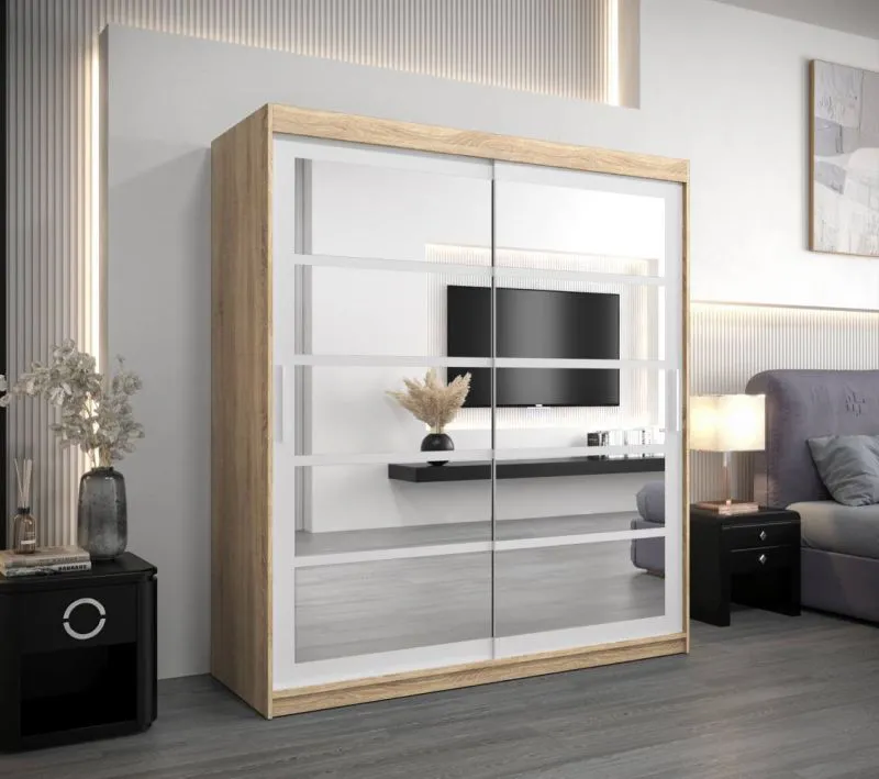 180 cm breiter Schiebetürenschrank mit 2 Türen | 10 Fächer | 2 Kleiderstangen | Farbe: Sonoma Eiche / Weiß Abbildung
