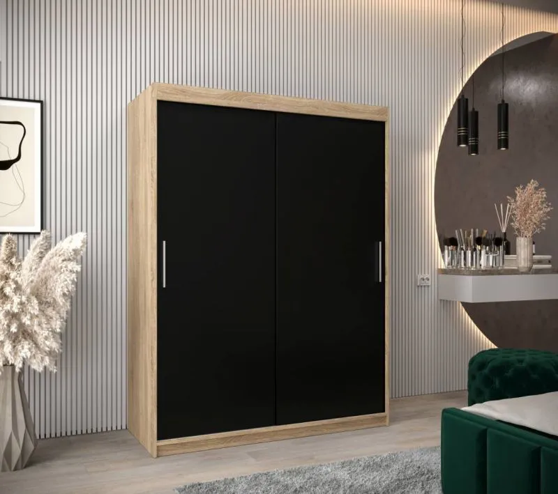 180 cm breiter Schiebetürenschrank mit 2 Türen | 10 Fächer | 2 Kleiderstangen | Farbe: Sonoma Eiche Abbildung