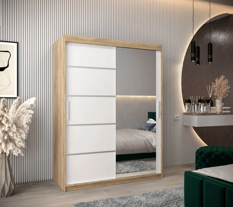 150 cm breiter Kleiderschrank mit 5 Fächern und 2 Türen | Farbe: Sonoma Eiche / Weiß Abbildung