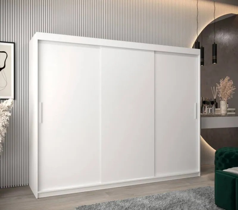 250 cm breiter Schiebetürenschrank mit 3 Türen | 10 Fächer | 2 Kleiderstangen | Farbe: Weiß Abbildung