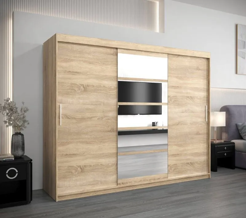 250 cm breiter Schiebetürenschrank mit 3 Türen | 10 Fächer | 2 Kleiderstangen | Farbe: Sonoma Eiche Abbildung
