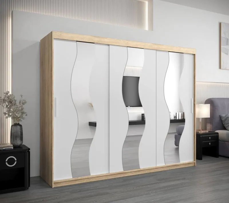 250 cm breiter Schiebetürenschrank mit 3 Türen | 10 Fächer | 2 Kleiderstangen | Farbe: Sonoma Eiche / Weiß Abbildung