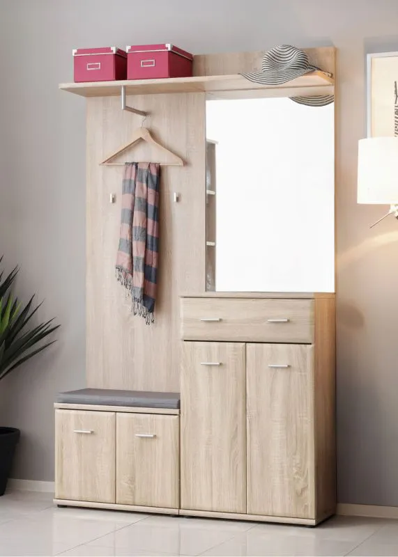 Garderobe mit Spiegel Bratteli 03, Farbe: Eiche Sonoma - Abmessungen: 203 x 120 x 32 cm (H x B x T), mit fünf Fächern