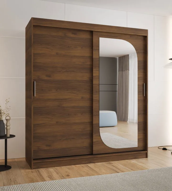 Schiebetürenschrank / Kleiderschrank | Farbe: Walnuss | 1,8 Meter breit | zwei Kleiderstangen | 10 Fächer | eine Spiegeltür | PVC-Furnier