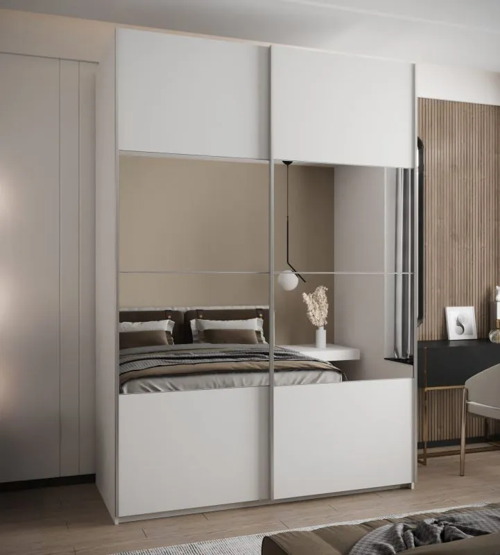 Kleiderschrank / Schiebetürenschrank | Farbe: Weiß | 245,5 x 170 x 64 cm | 11 Fächer | 2 Kleiderstangen | 2 Schiebetüren | Spiegel | Soft-Close