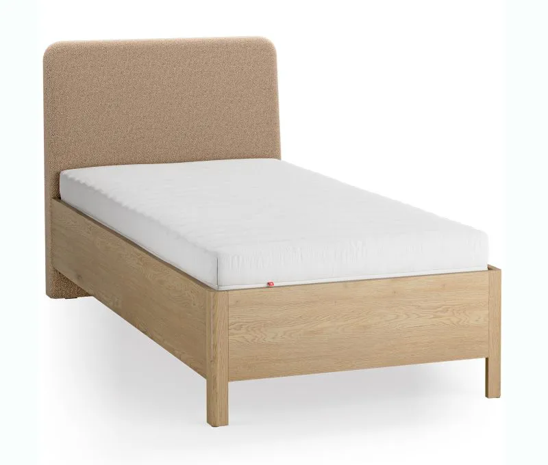 Einzelbett | Farbe: Eiche / Taupe | Eiche massiv | weich gepolsterte Kopfstütze | 90 x 200 cm | Gästebett | inkl. Lift up Lattenrost | dezent abgerundete Form