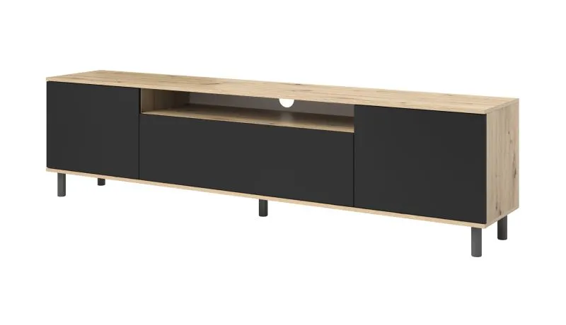 Hängender TV-Möbel / TV-Unterschrank mit vier Fächer Zapopan 114, Farbe: Eiche Artisan / Schwarz, Maße: 42 x 180 x 40 cm, für Wohnzimmer