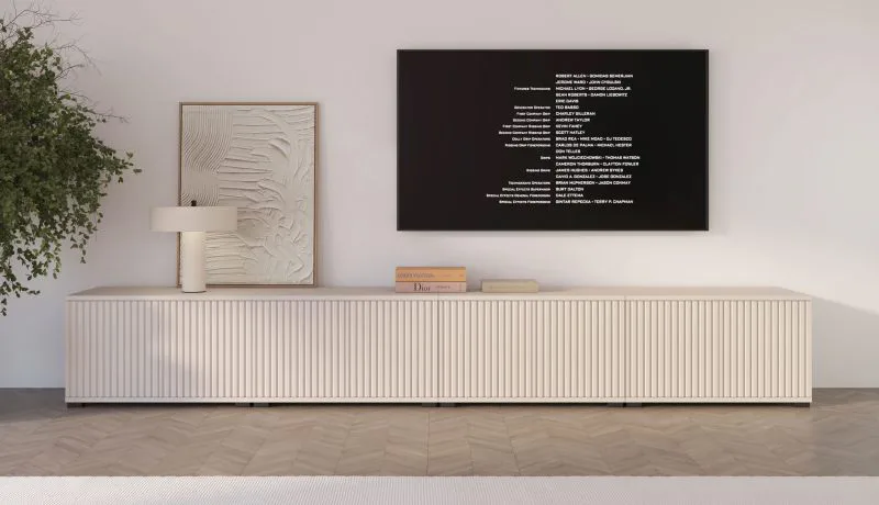TV-Unterschrank | Kaschmir | 8 Drehtüren | 8 Fächer | 280 x 40 x 42 cm | Push-to-open Funktion | Lamellen Design | für Wohnzimmer | TV-Möbel