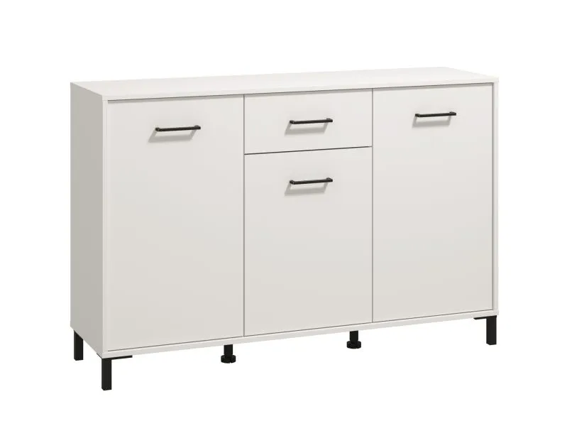 Kommode / Sideboard mit drei Türen Sabas 02, Farbe: Weiß, eine Schublade, sechs Fächer, ABS-Kantenschutz, Griffe & Beine: Schwarz, Maße: 90 x 138 x 40 cm