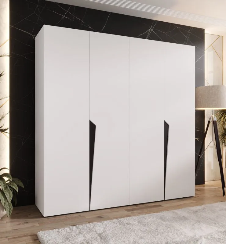 Drehtürenschrank | 4-Türig | Farbe: Weiß | 2 Fächer | Soft-Close-Funktion | 2 Kleiderstangen | Griffe: Schwarz | Maße: 200 x 52 x 202 cm | Kleiderschrank | ABS-Kanten