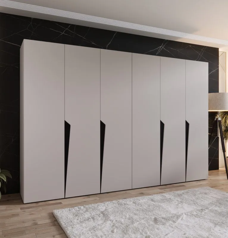 Drehtürenschrank / Kleiderschrank | Farbe: Kaschmir | 4 Fächer | 3 Meter breit | Griffe: Schwarz | 4 Kleiderstangen | Soft-Close-Funktion | Maße: 300 x 52 x 202 cm