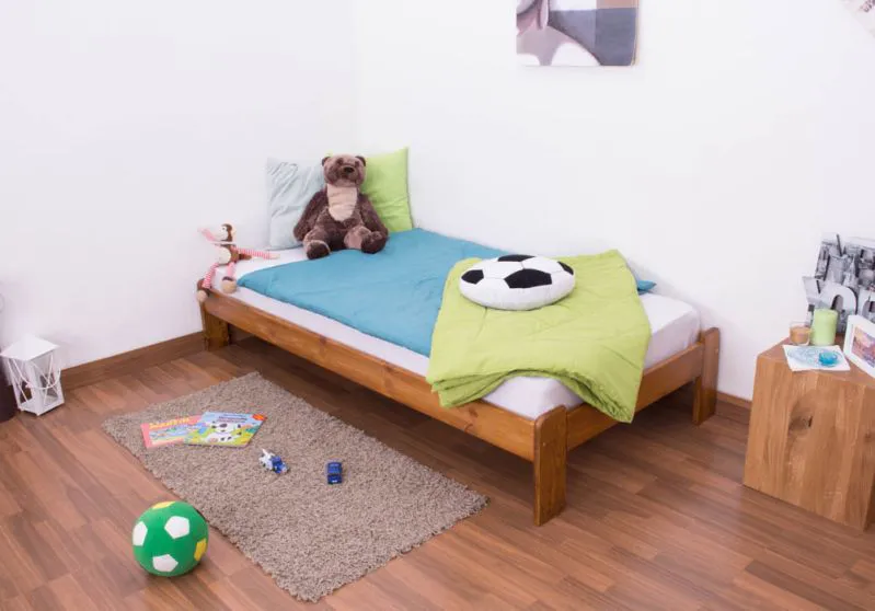 Kinderbett / Jugendbett Kiefer Vollholz massiv Eichefarben A10, inkl. Lattenrost - Abmessung 90 x 200 cm