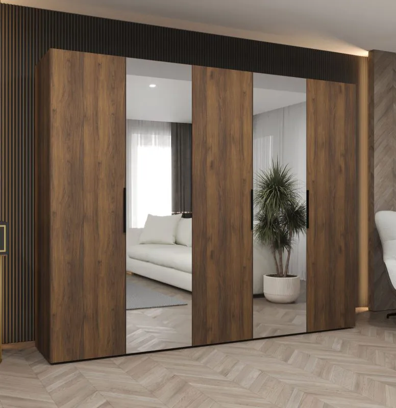 Kleiderschrank / Drehtürenschrank | Farbe: Walnuss | 2,5 Meter breit | drei Kleiderstangen | Soft-Close | zwei Spiegeltüren | Griffe: Schwarz | drei Fächer