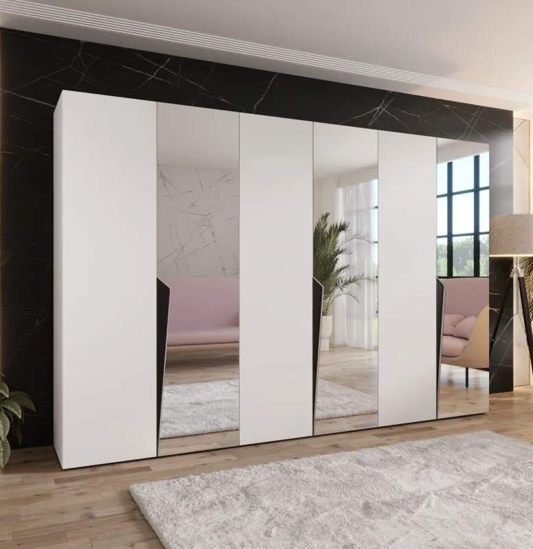 Drehtürenschrank | 3 Spiegeltüren | Farbe: Weiß | Soft-Close | 3 Fächer | 3 Kleiderstangen | Griffe: Schwarz | Maße: 300 x 52 x 202 cm | Kleiderschrank