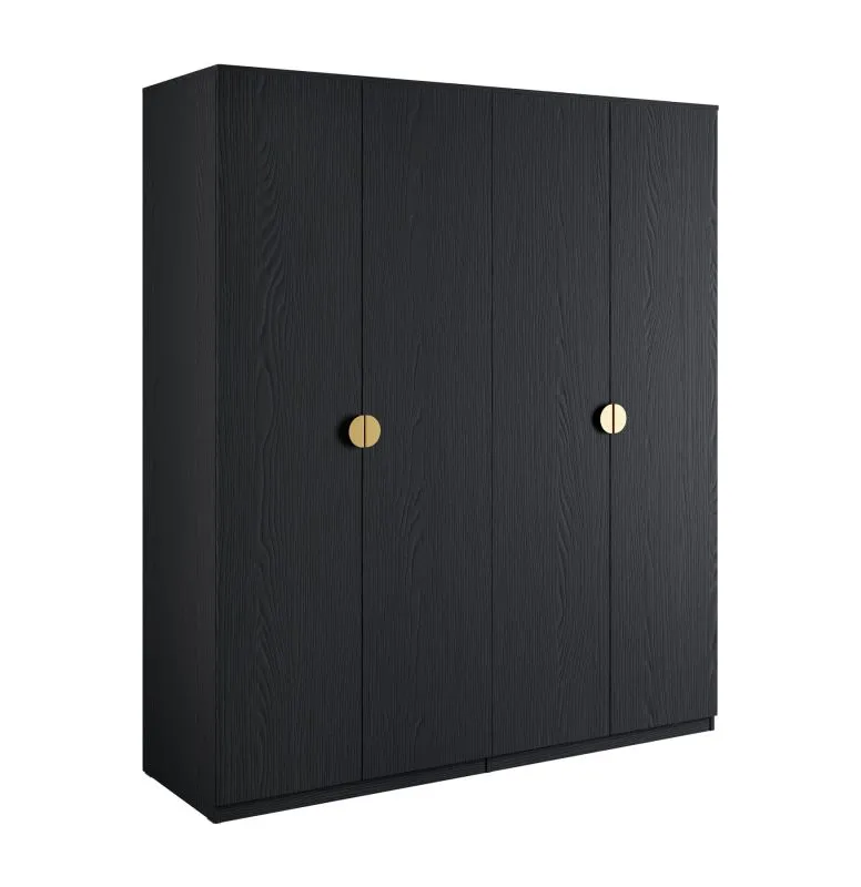 Drehtürenschrank / Kleiderschrank Amfipoli 08, vier Türen, Farbe: Schwarz mit Holzstruktur, zwei Kleiderstangen, Maße: 209 x 179,5 x 58,5 cm, Soft-Close-Funktion