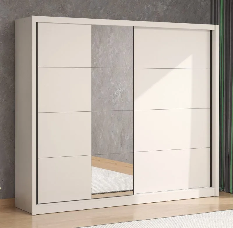 Breiter Kleiderschrank / Schiebetürenschrank Apatin 05, 2,5 Meter breit, Farbe: Kaschmir, zwei Kleiderstangen, 10 Fächer, Spiegel, Maße: 215,5 x 251 x 60 cm