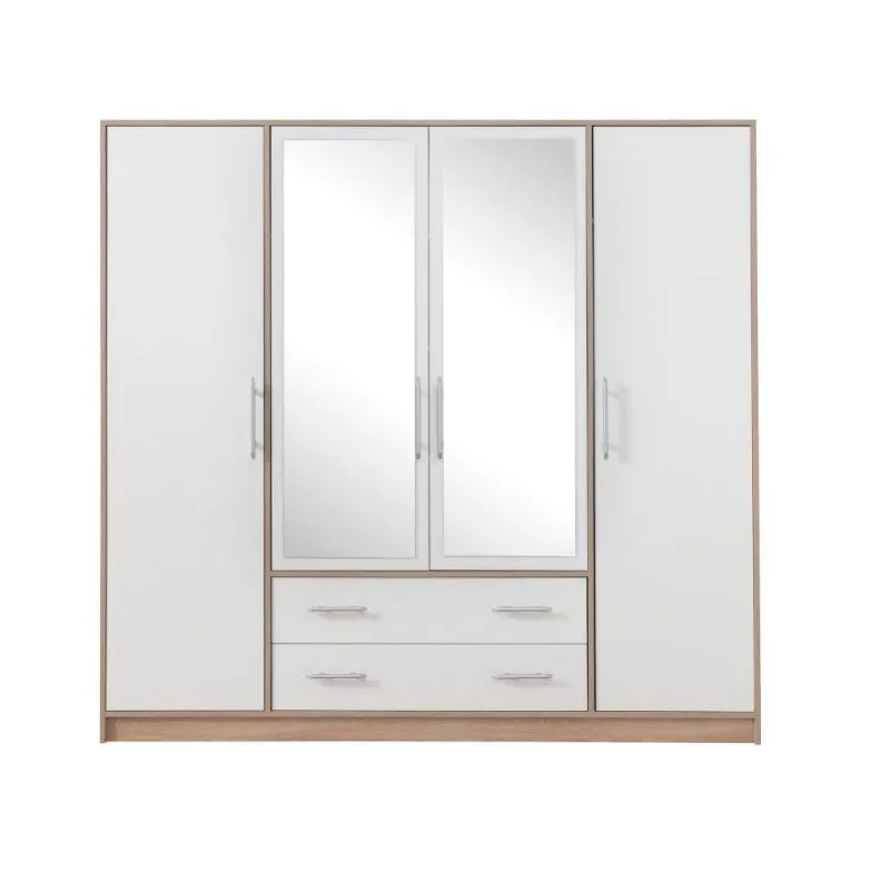 Kleiderschrank mit Spiegel, Farbe: Weiß / Eiche - Abmessungen: 190 x 200 x 56 cm (H x B x T) Abbildung