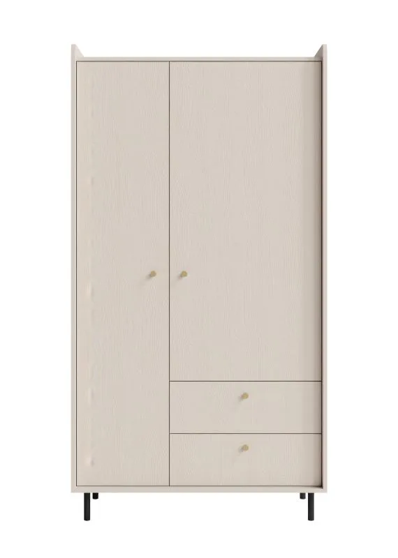 Kleiderschrank | 2 Drehtüren | Farbe: Beige mit Holzstruktur | 2 Schubladen | Maße: 103,5 x 52 x 192 cm | 2 Schubladen | 1 Kleiderstange | für Schlafzimmer