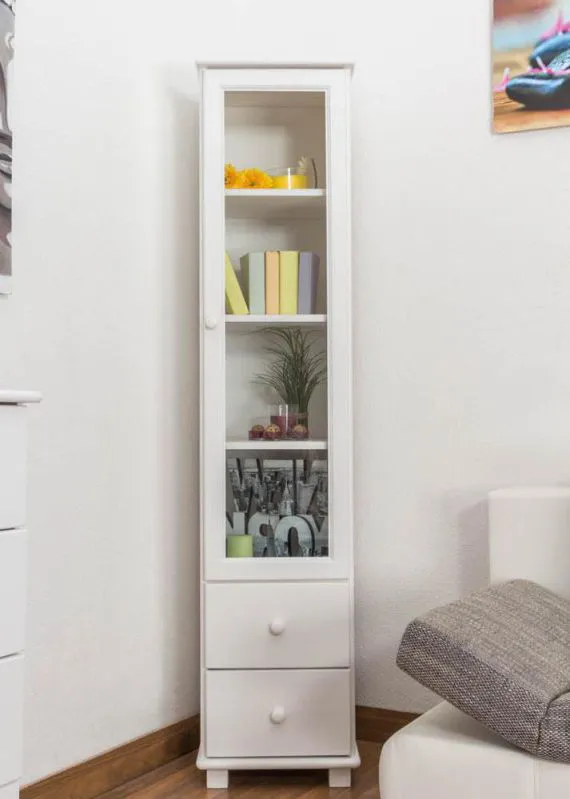 Esszimmerschrank, Vitrine, 40 cm breit, Kiefer massiv, Optik: Weiß Abbildung