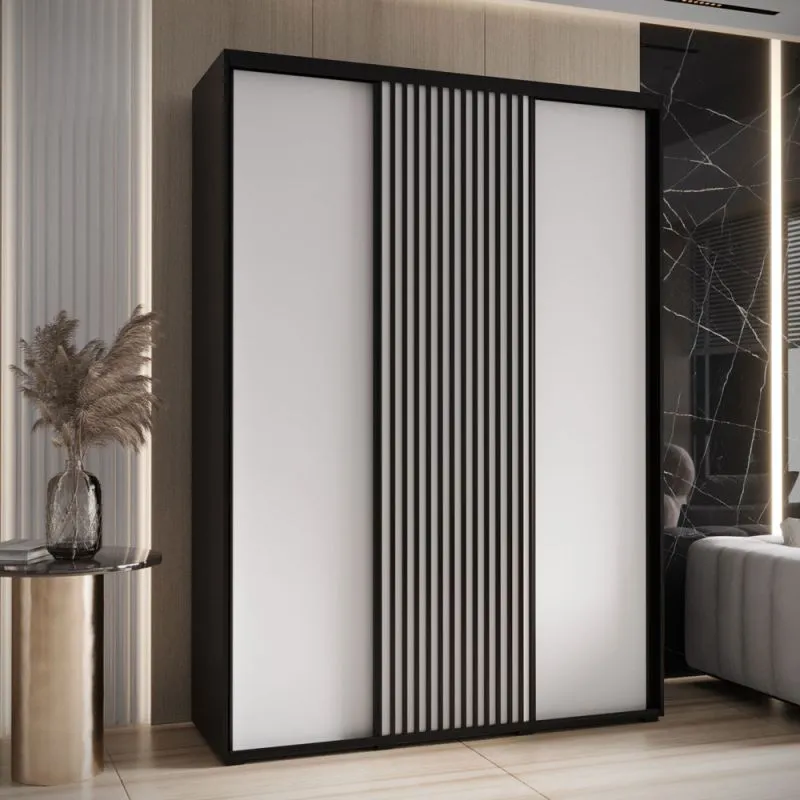 Kleiderschrank Mina mit Schiebetüren in Weiß/Schwarz gehalten, moderne Optik, viel Stauraum, Lamellen in Schwarz, Anti Staubbürsten, 235,2 170 x 60 cm