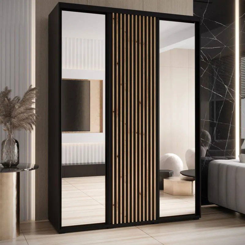 Schwarzer Schiebetürenschrank Mina mit Spiegel, auch für Wohnzimmer geeignet, Schwarzer Metallgriff, viel Stauraum, Anti Staubbürsten, 235,2 x 170 x 60 cm
