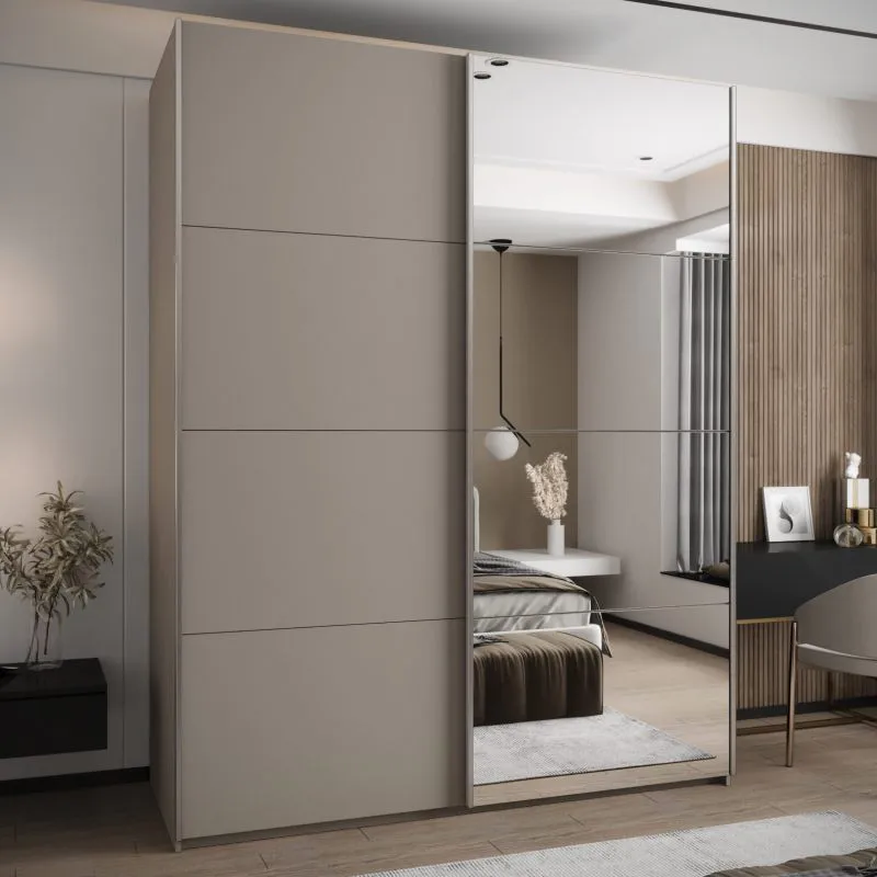 Kleiderschrank / Schiebetürenschrank | 11 Fächer | 245,5 x 200 x 64 cm | 2 Schiebetüren | Soft-Close | 2 Kleiderstangen | Spiegel | Farbe: Kaschmir