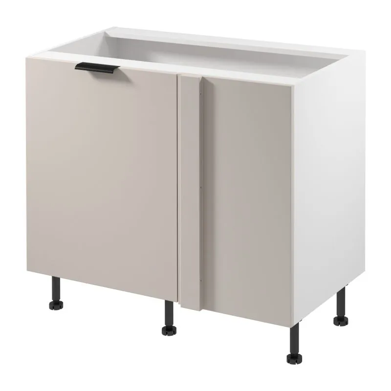 Küchenunterschrank / Eckunterschrank | 1 Drehtür | Farbe: Weiß / Beige | Push-to-open Funktion | Soft-Close Funktion | 2 Fächer | 100 x 56 x 87 cm | Türanschlag: Rechts