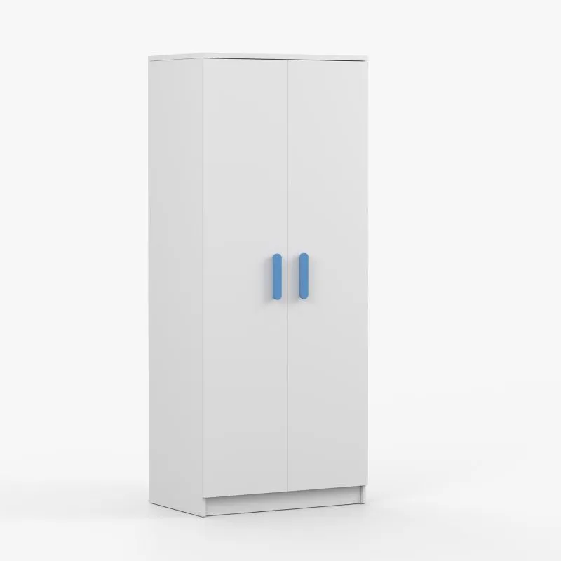 Drehtürenschrank / Kleiderschrank  Weiß | Smolikas 67 | 192 x 80 x 50 cm | 2 Türen | 1 Kleiderstange | 5 Fächer | blaue Holzgriffe | viel Stauraum