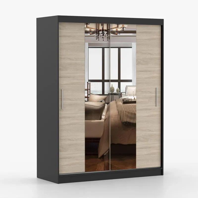 1,5 Meter breiter Kleiderschrank / Schiebetürenschrank | Sonoma Eiche / Schwarz | Bucegi  08 | mit Spiegel | 2 Türen | Griffe: Aluminium | 6 Fächer