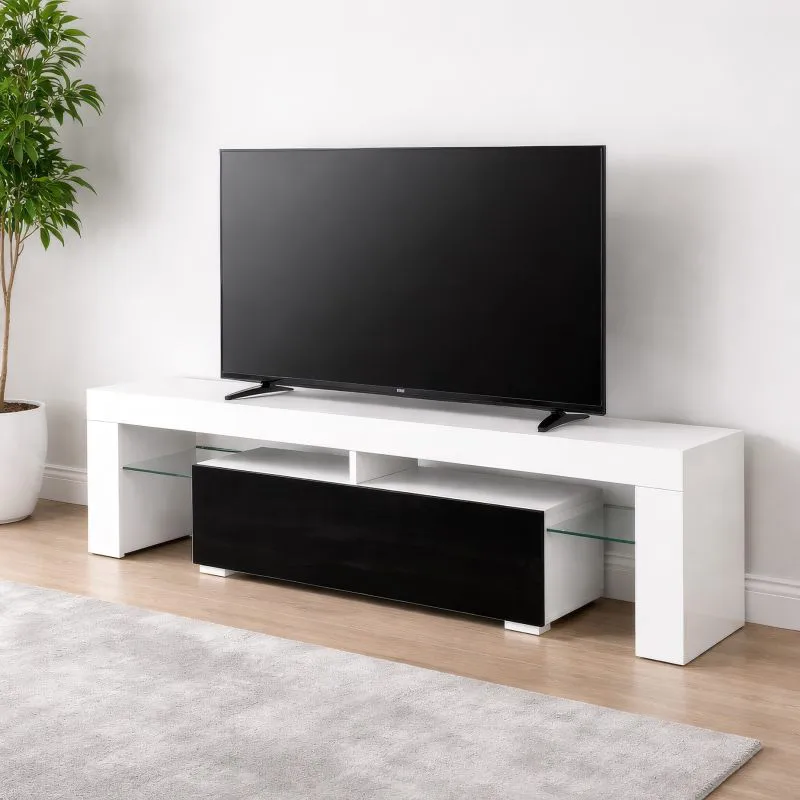 TV-Unterschrank Zolvini | Weiß/Schwarz Hochglänzend | 140 x 35 x 47,5 cm| großes Kippfach | Push to Open | Robust & Langlebig | vollständig lackiert