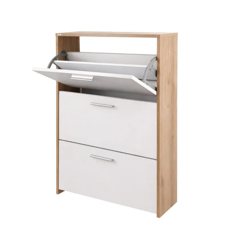 Schuhschrank Belvun 3 | Farbe: Eiche Artisan/Weiß matt | 3 Kippfächer | viel Stauraum auf wenig Fläche | 69 x 25 x 115 cm | Garderobe | Flur